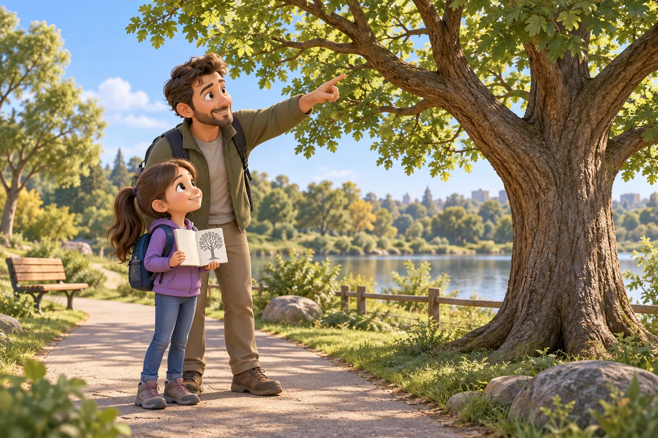 Un genitore e un bambino osservano un albero da un sentiero del parco confrontandolo con il proprio disegno