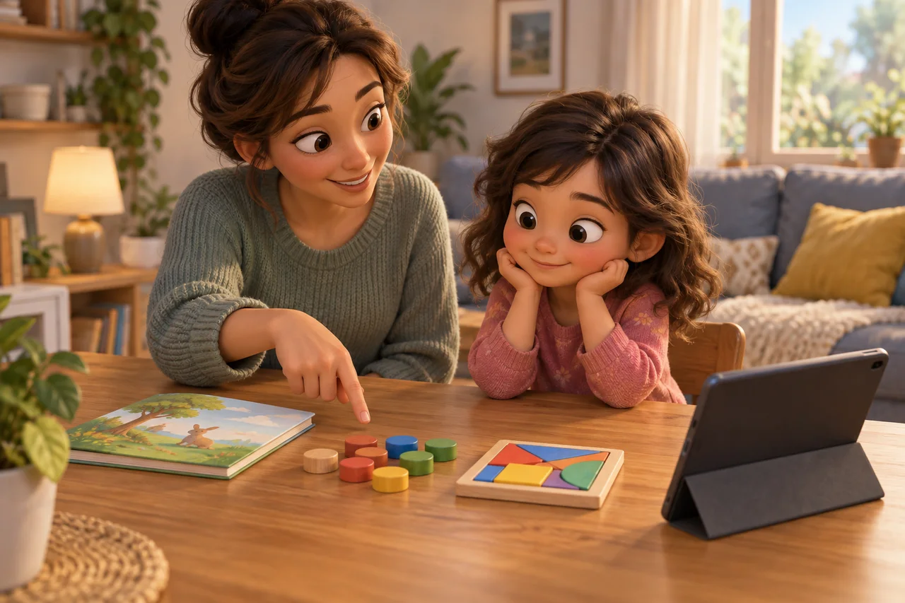 Un genitore e un bambino confrontano semplici materiali di apprendimento accanto a un tablet