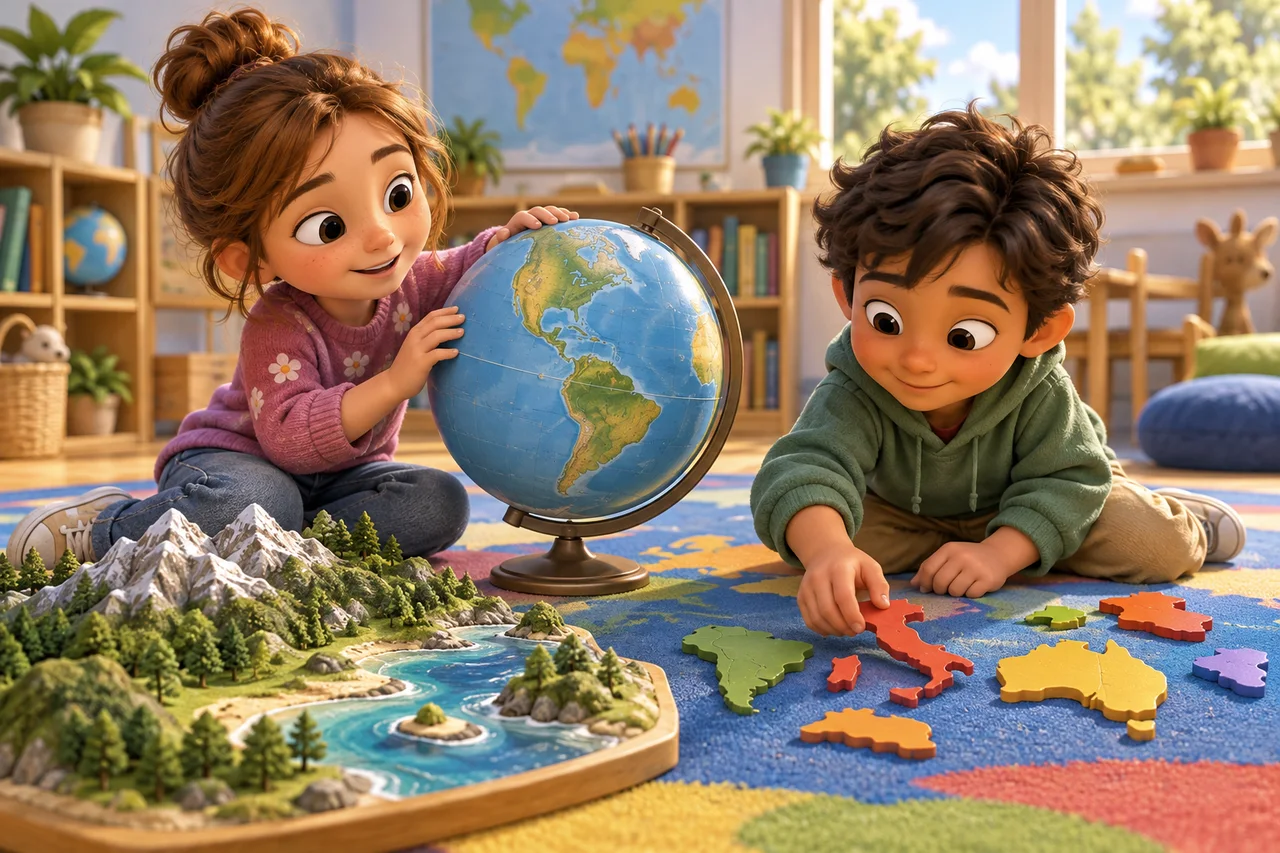 Crianças exploram um globo ao lado de peças de quebra-cabeça em formato de países e de uma paisagem em miniatura com montanhas.