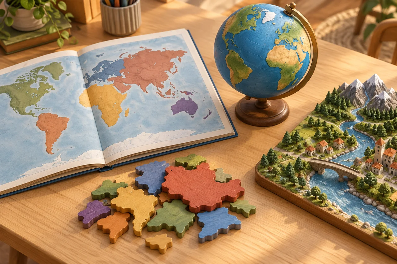 Quatro estações de aprendizagem mostram um mapa, peças de quebra-cabeça em equilíbrio, um globo e uma cidade ribeirinha em miniatura.