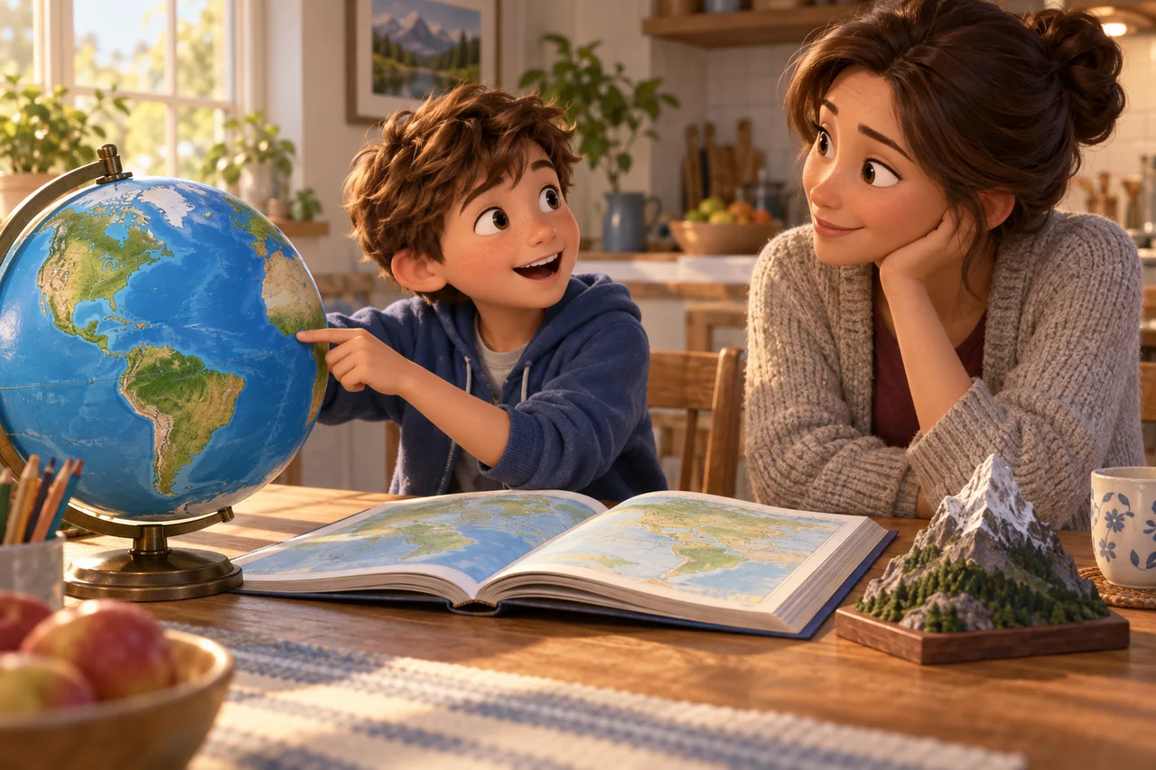 Uma criança aponta de um atlas para um globo enquanto um adulto escuta, com uma pequena maquete de montanha por perto.