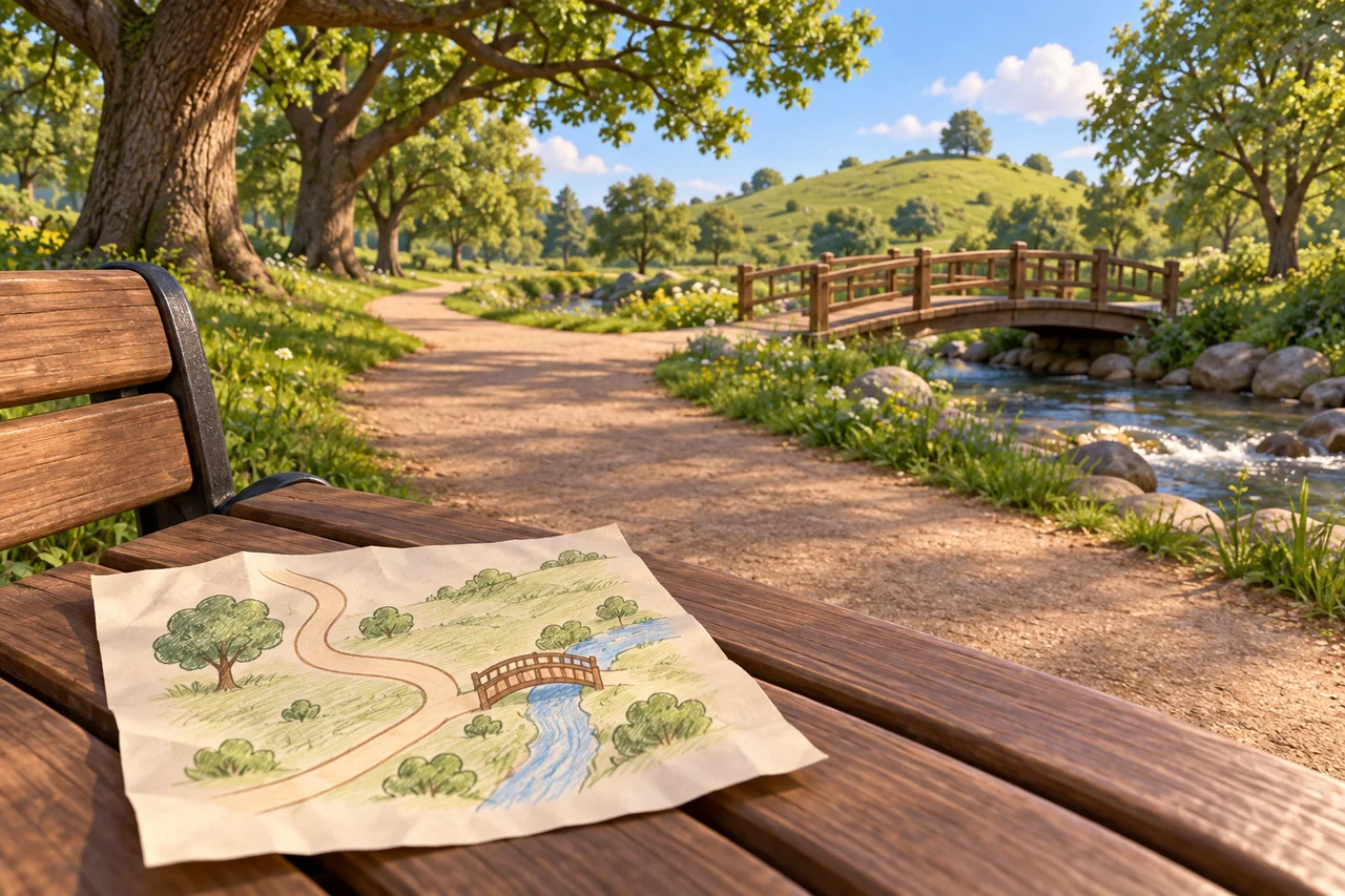 Um mapa esboçado repousa num banco de parque ao lado de um caminho arborizado, um riacho tranquilo e uma passarela.