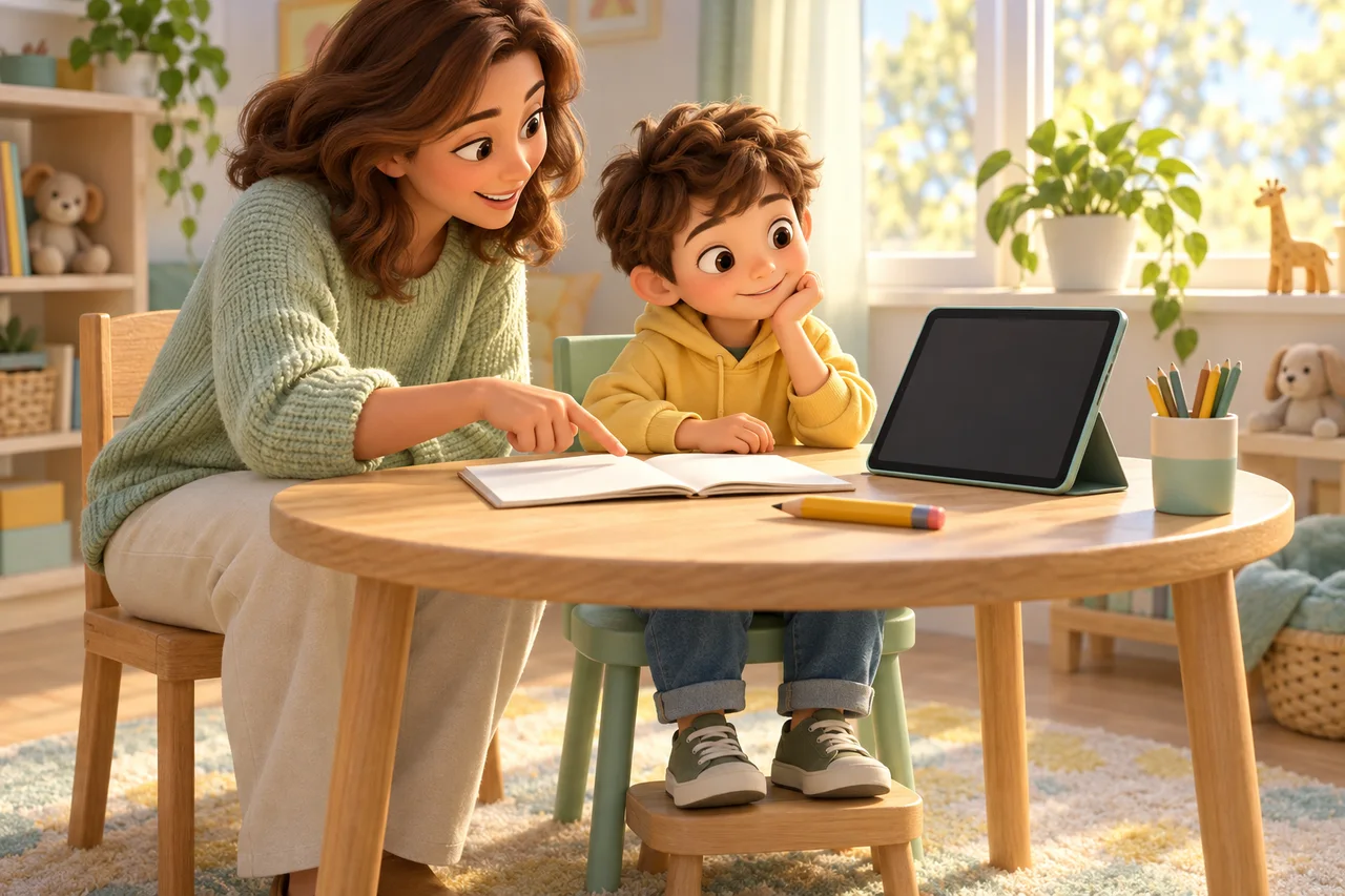 Un genitore e un bambino scelgono tra un tablet, un quaderno di carta e una matita seduti a un tavolo comodo