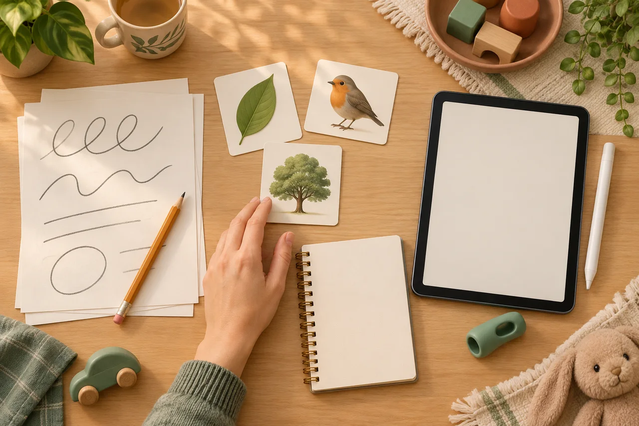 Uma mesa organizada, sem palavras, comparando modelos de letras, prática de palavras com imagens, folhas de papel e toque na tela