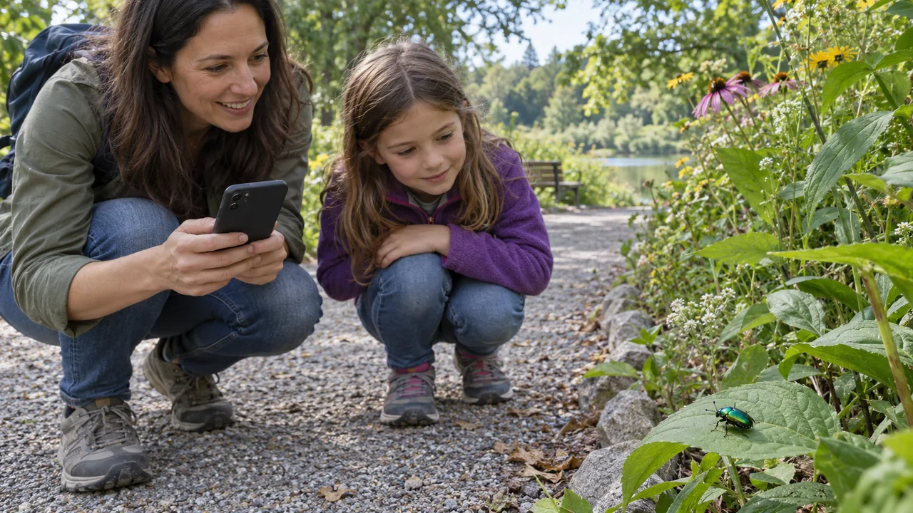 Un genitore e un bambino osservano un coleottero su una foglia accanto al sentiero di un parco, con il telefono tenuto a distanza dalla pianta.