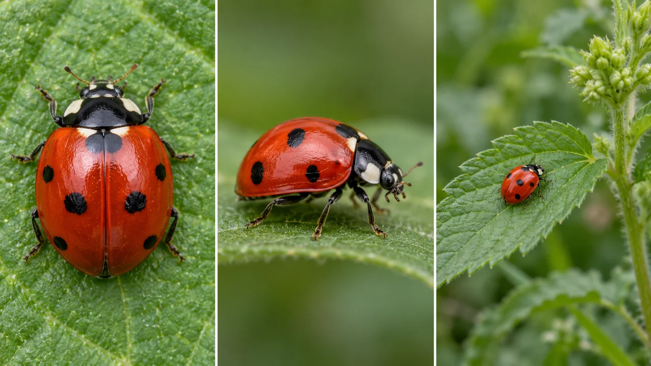 Trois vues réalistes d’une même coccinelle sur une feuille montrent son dos, son profil et la plante environnante.