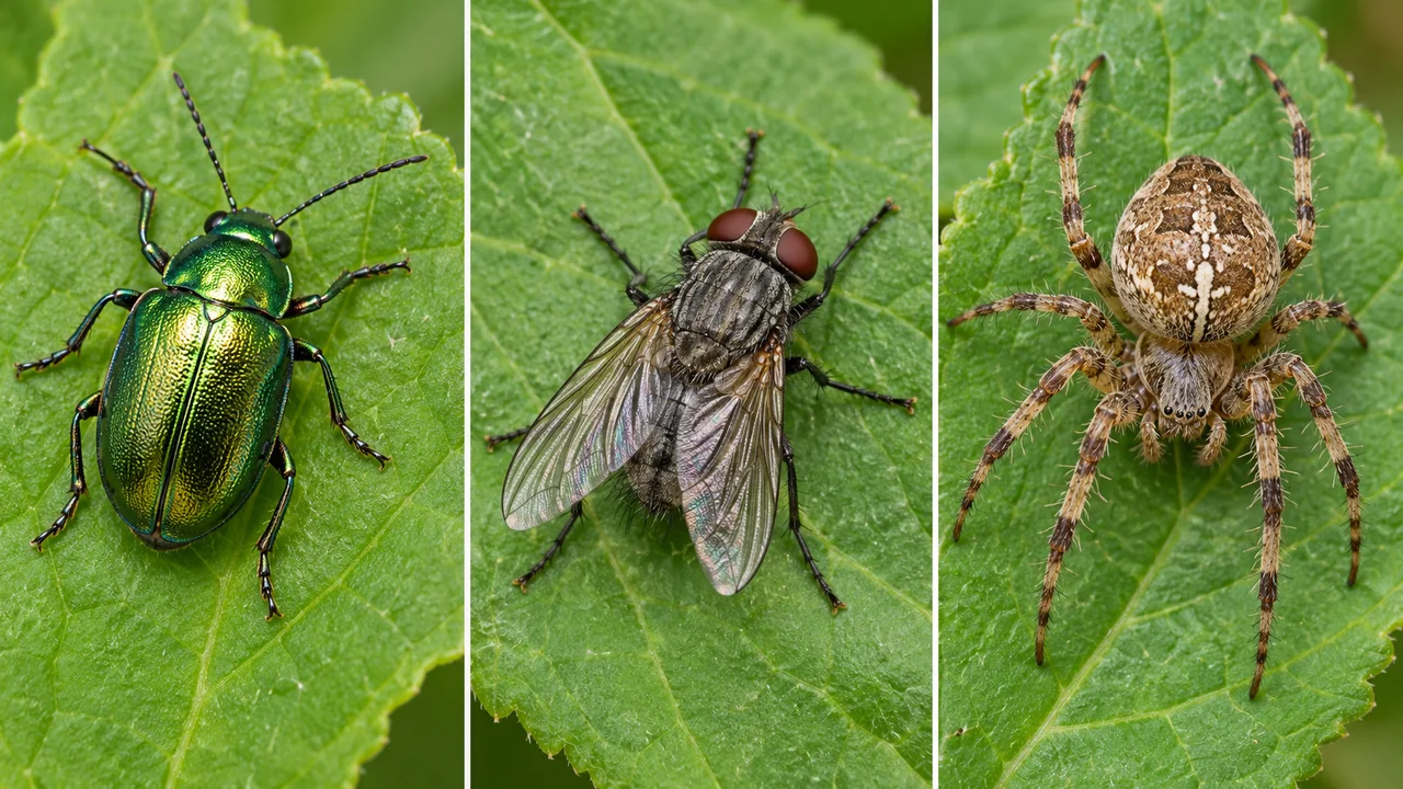 Un triptyque éducatif réaliste montre un coléoptère à six pattes, une mouche dont une seule paire d’ailes est visible et une araignée à huit pattes, chacun sur sa feuille.