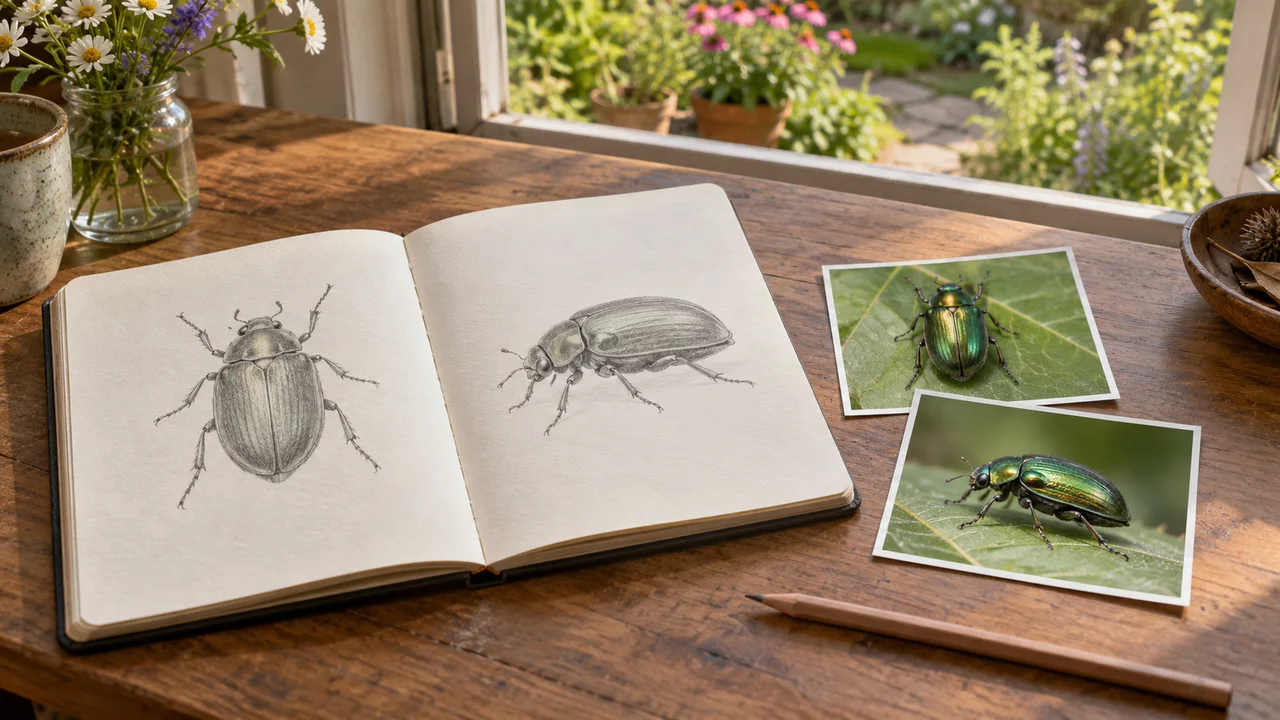 Un carnet avec des croquis sans légende d’un coléoptère posé à côté de deux photos imprimées du même insecte sous des angles différents.