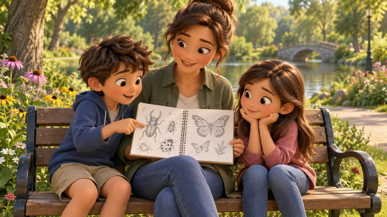 Dans une scène animée en 3D chaleureuse, deux enfants et un parent sont assis sur un banc de parc et comparent de simples croquis d’insectes, tandis que les fleurs voisines restent intactes.