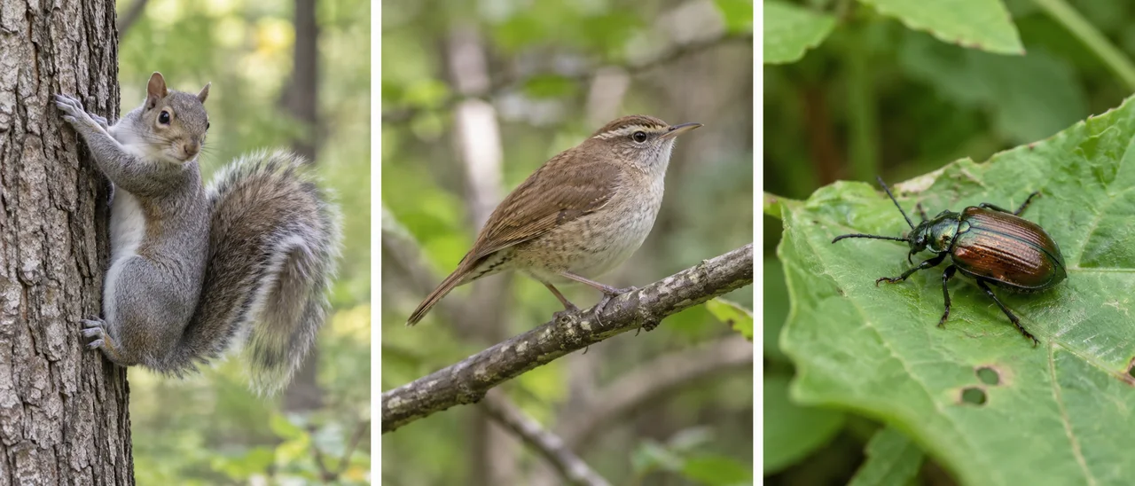 Un écureuil réaliste sur un arbre, un petit oiseau chanteur sur une branche et un coléoptère sur une feuille dans trois scènes de nature distinctes.