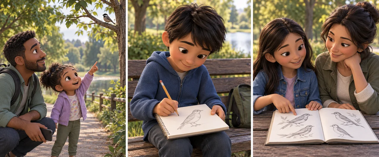 Trois scènes animées chaleureuses montrent un adulte qui aide un jeune enfant à observer, un enfant qui dessine un oiseau et un enfant plus grand qui discute d’un carnet nature avec un parent.