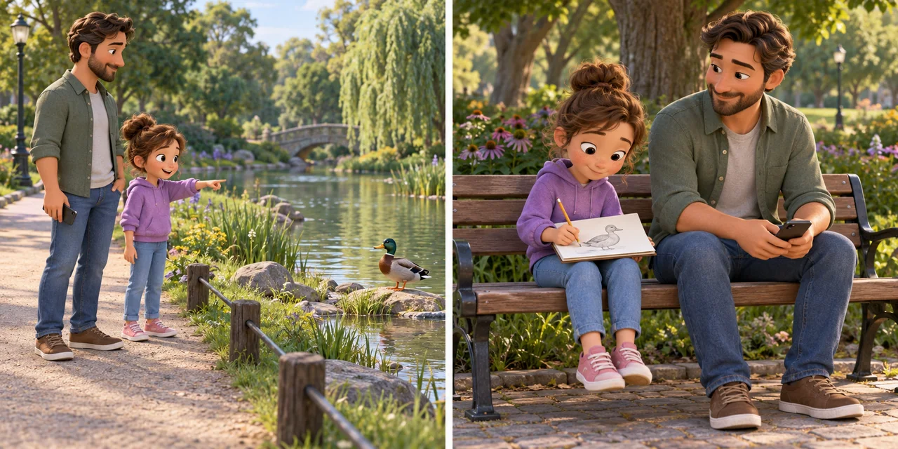 Une famille observe un canard depuis un chemin de parc, puis un enfant le dessine sur un banc pendant qu’un parent garde le téléphone baissé.