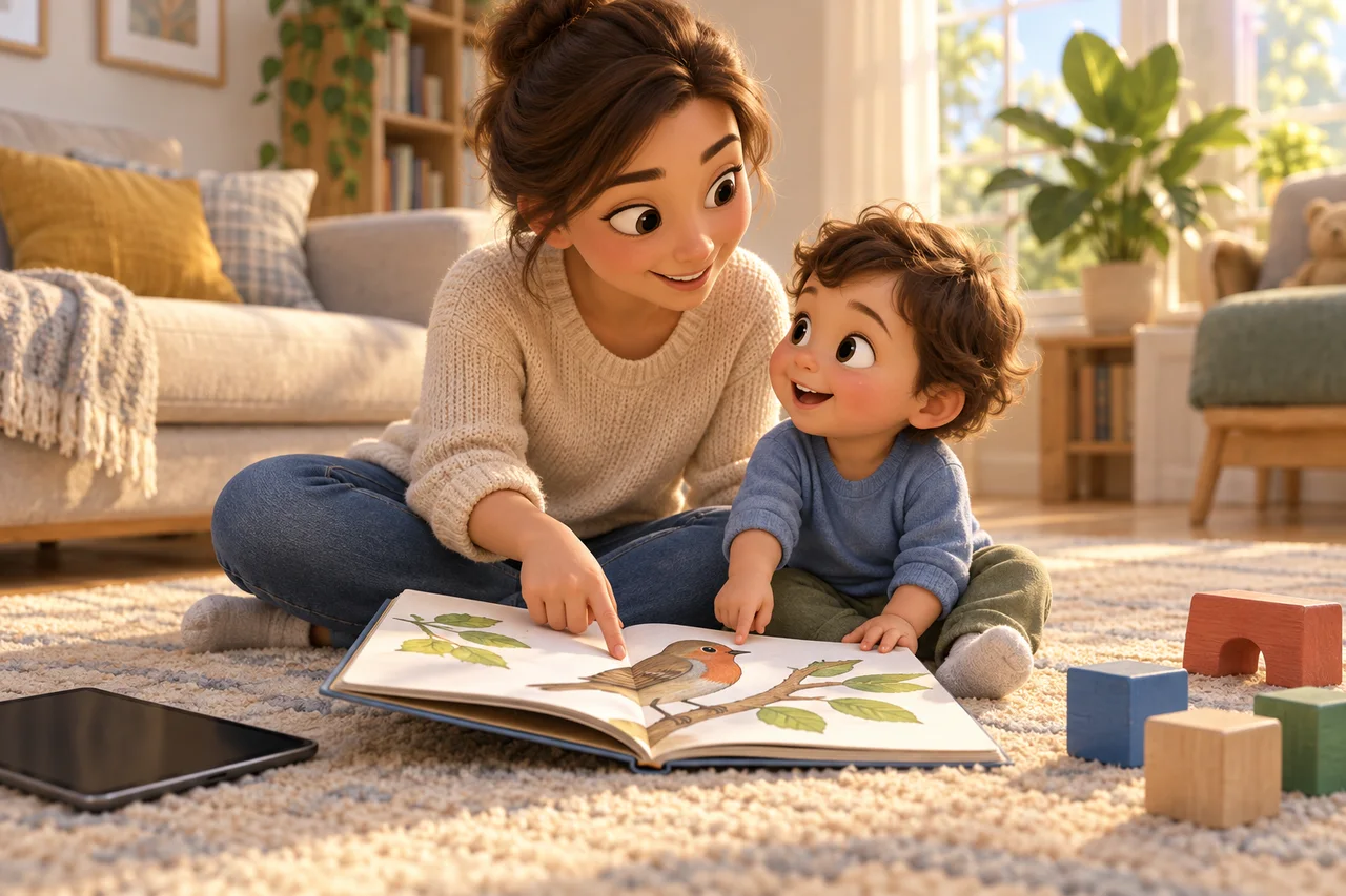 Genitore e bambino piccolo che chiacchierano davanti a un libro illustrato, accanto a dei cubetti e a un tablet in pausa