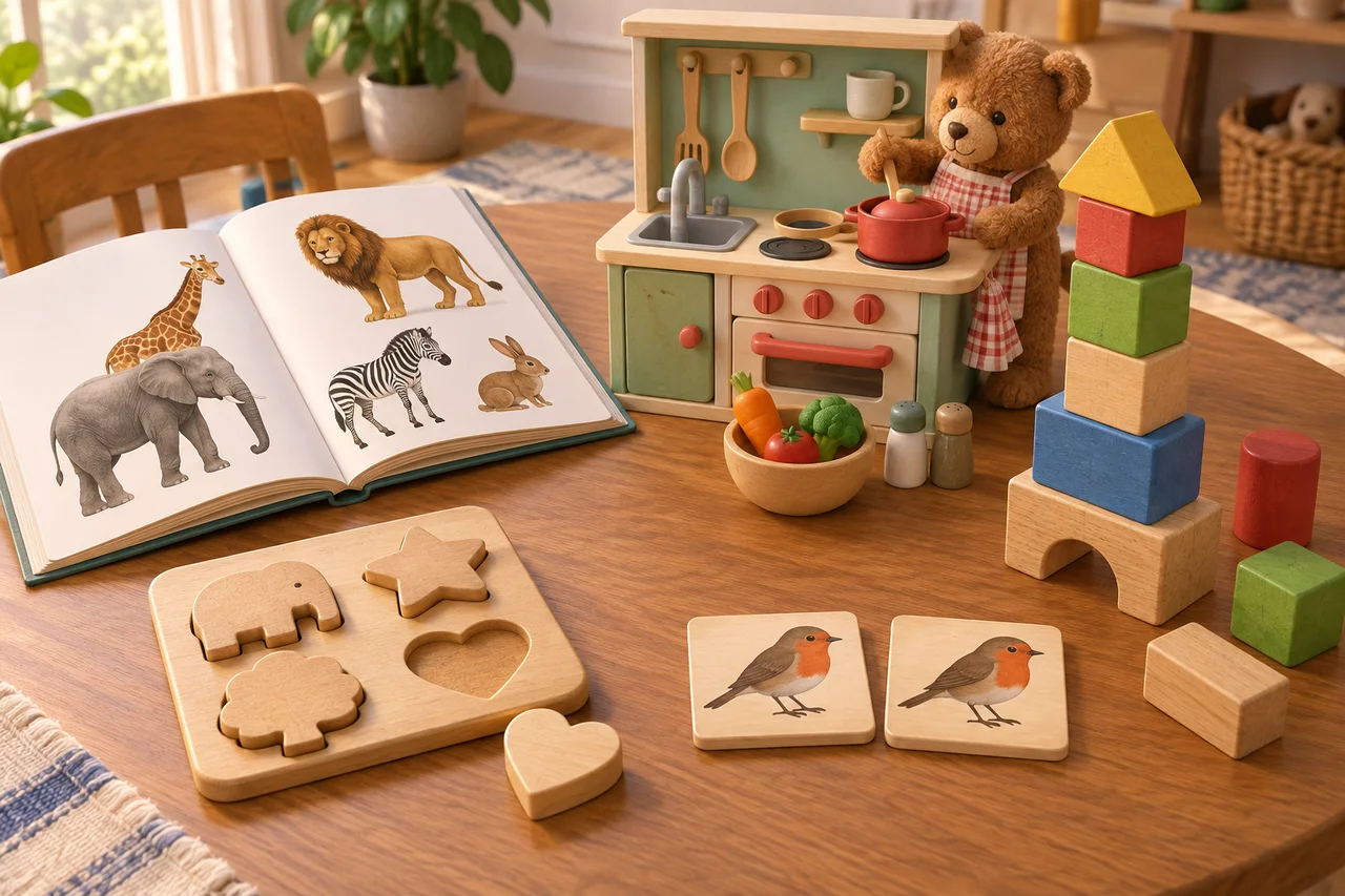 Cinque attività su un tavolo: un libro illustrato, una cucina giocattolo, un puzzle di forme, carte con uccellini da abbinare e cubetti