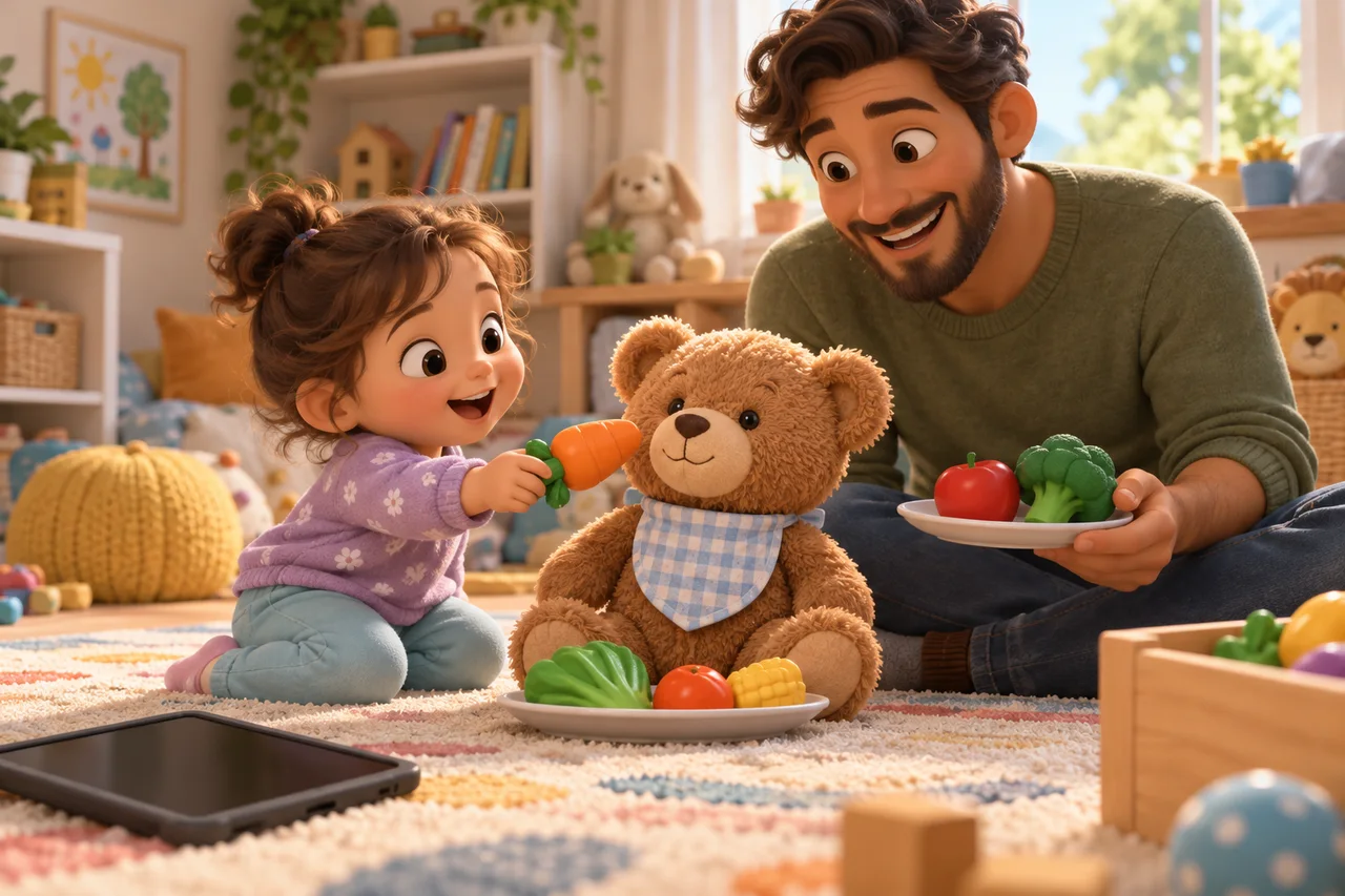 Bambino piccolo e genitore servono cibo finto a un giocattolo dopo aver messo da parte il tablet
