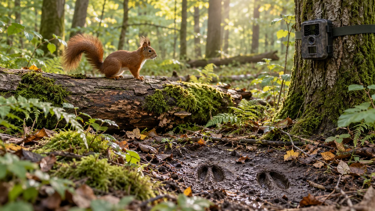 Uno scoiattolo, una fototrappola nel bosco e delle impronte, a rappresentare tre tipi di prove della presenza di mammiferi