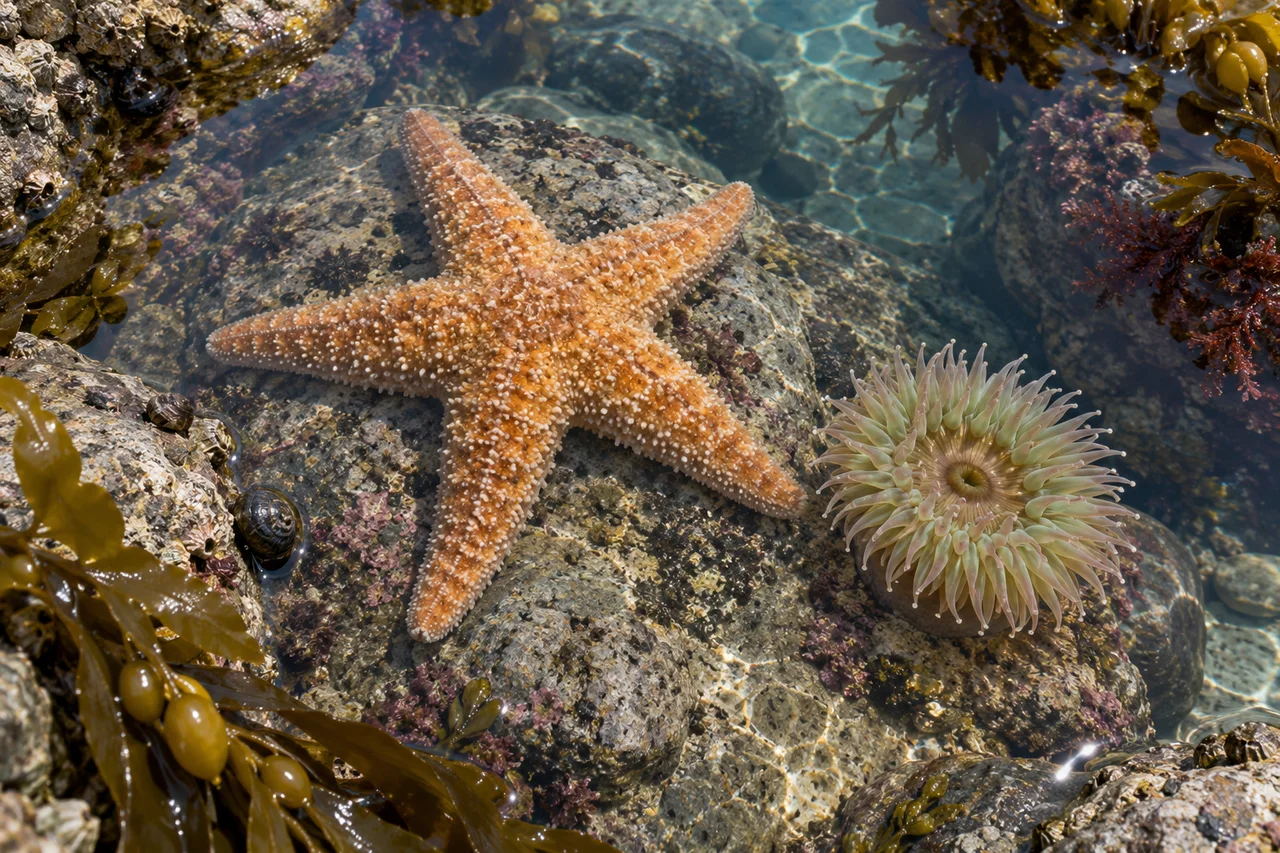 Uma anêmona e uma estrela-do-mar de cinco braços permanecem submersas em uma piscina de maré rochosa intacta.