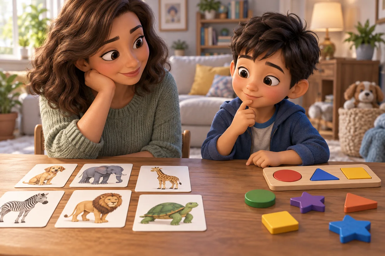 Un genitore e un bambino scelgono tra carte illustrate con animali e semplici puzzle di forme su un tavolo