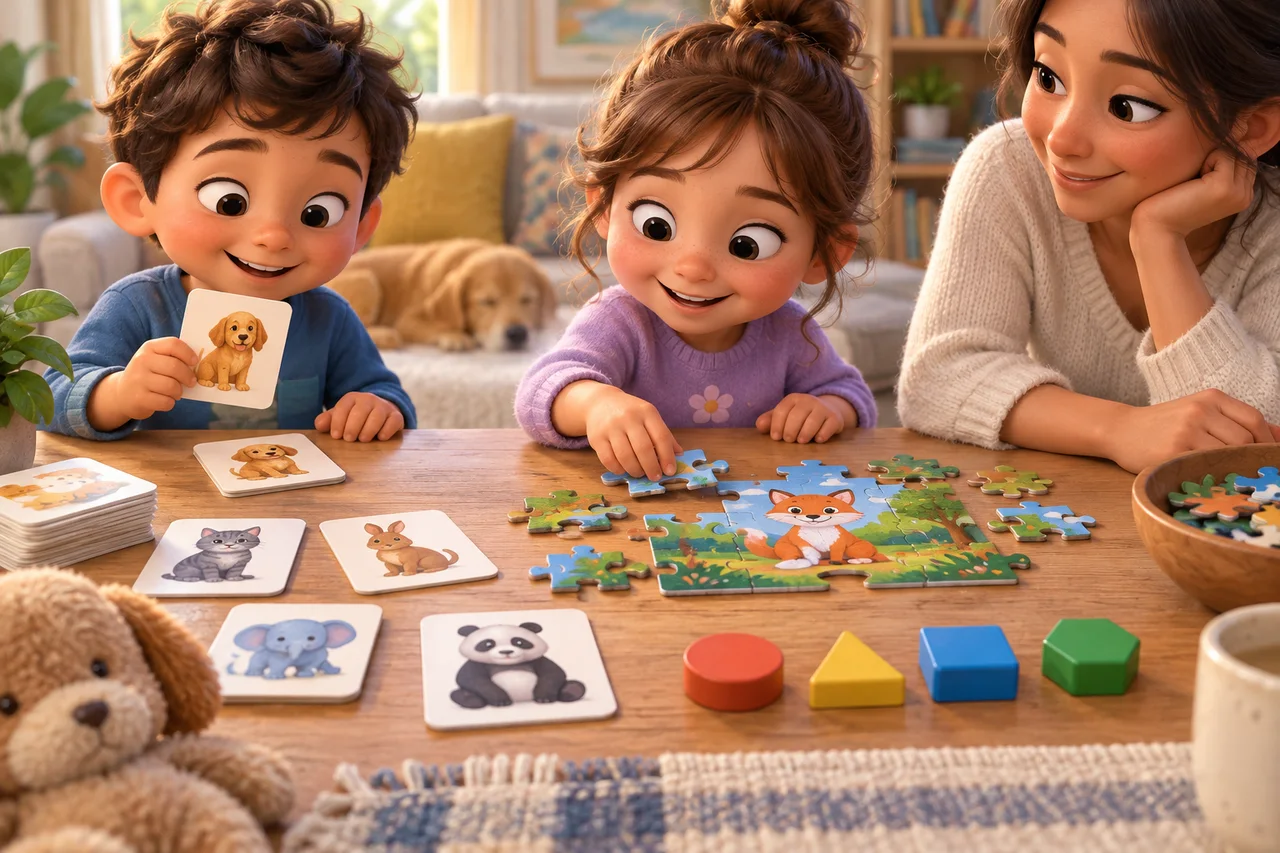 Carte di animali da abbinare, tessere di puzzle colorate e una semplice sequenza di forme disposte su un tavolo da gioco di famiglia