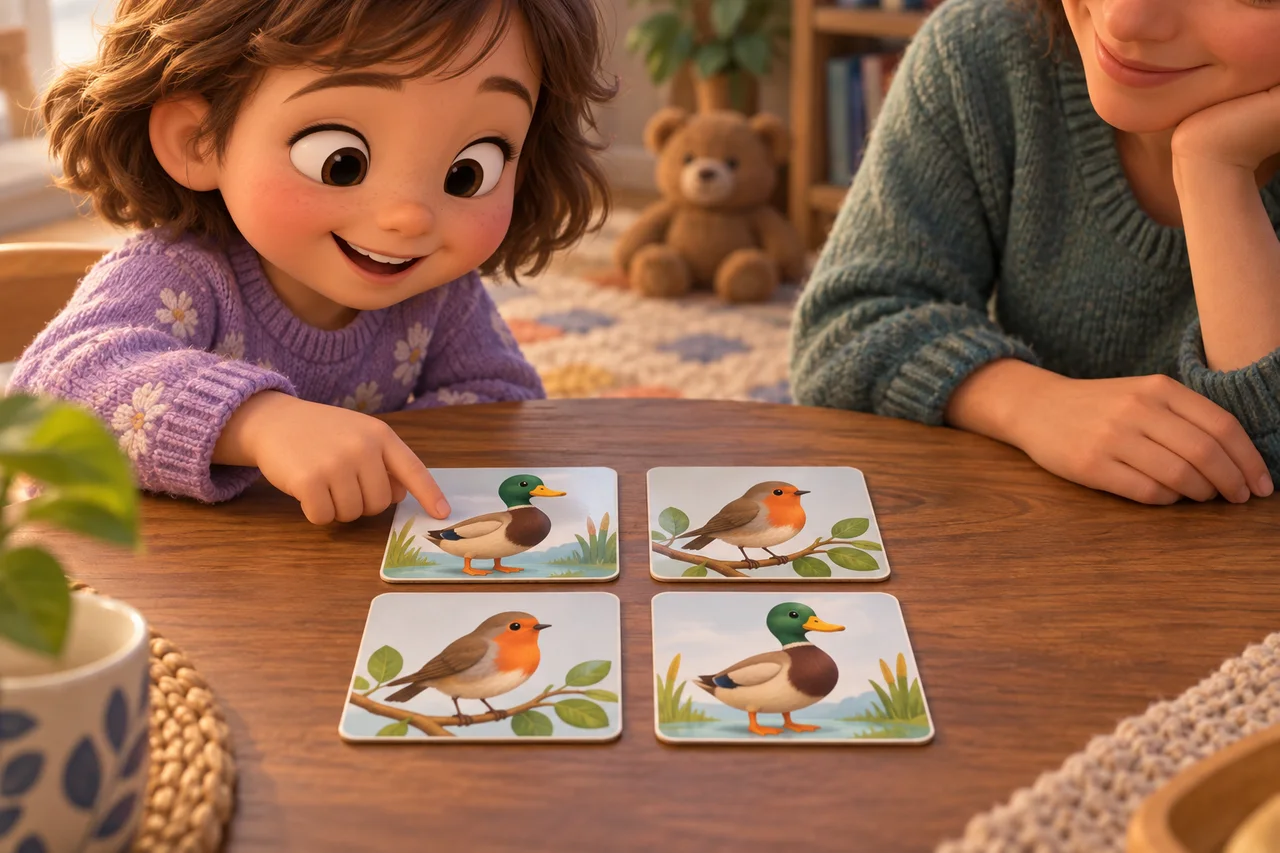 Quattro carte fisiche con due coppie di uccelli, con un bambino che indica una carta mentre un genitore aspetta