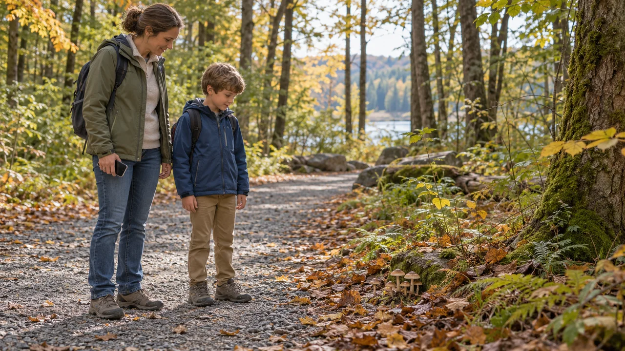 Un genitore e un bambino osservano un piccolo fungo accanto a un sentiero nel bosco, lasciandolo indisturbato.