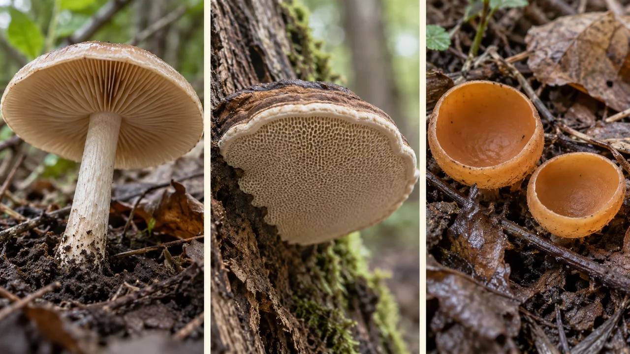 Trois vues réalistes distinctes montrent un champignon à lames, le dessous poreux d’un polypore et un champignon en forme de coupe.