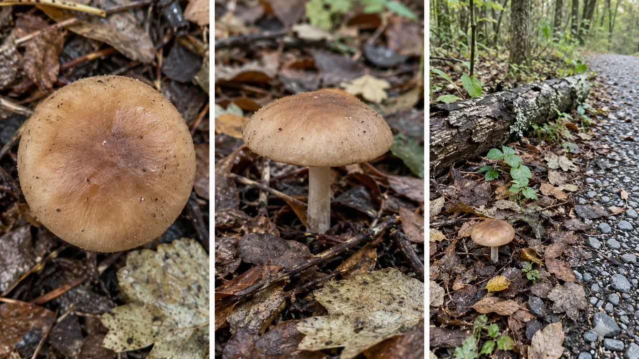 Trois vues montrent le dessus, le profil et l’habitat d’un même champignon brun qui pousse sur place au bord d’un chemin.
