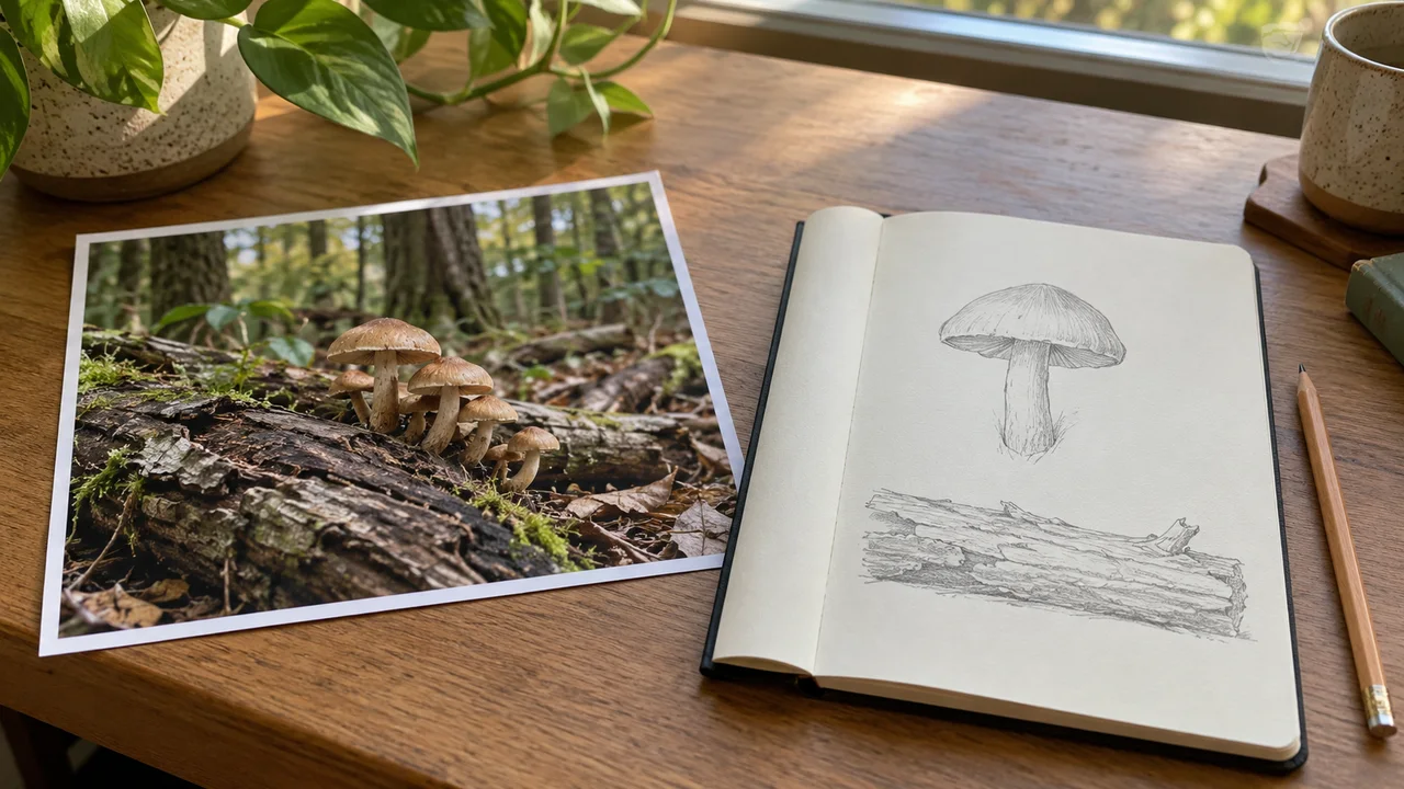 Une scène de bureau réaliste montre une photo de l’habitat d’un champignon à côté de simples dessins d’un chapeau, d’un pied et d’une bûche dans un carnet sans légende.
