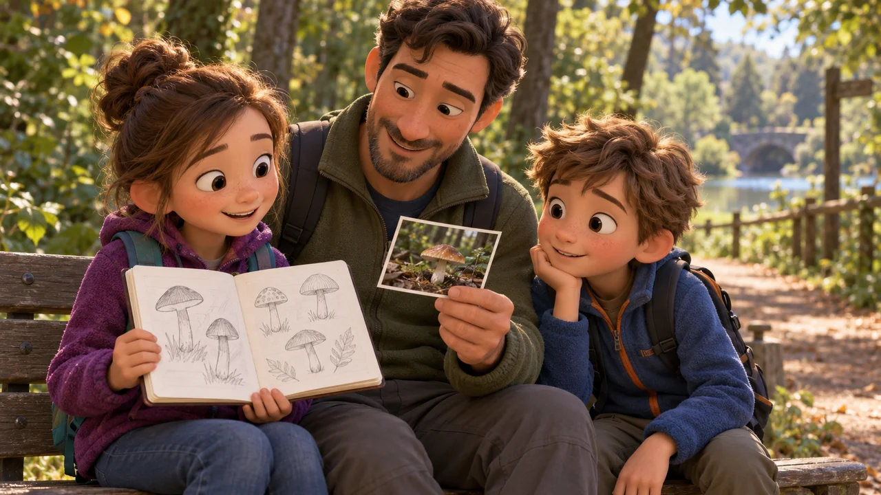 Dans une scène animée chaleureuse, un parent et deux enfants regardent des photos et des croquis de champignons sur un banc de parc, sans aucun champignon cueilli.