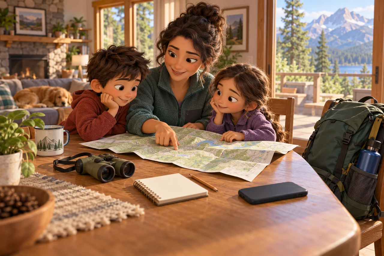 Una famiglia che prepara mappa, binocolo e quaderno delle attività prima di visitare un parco