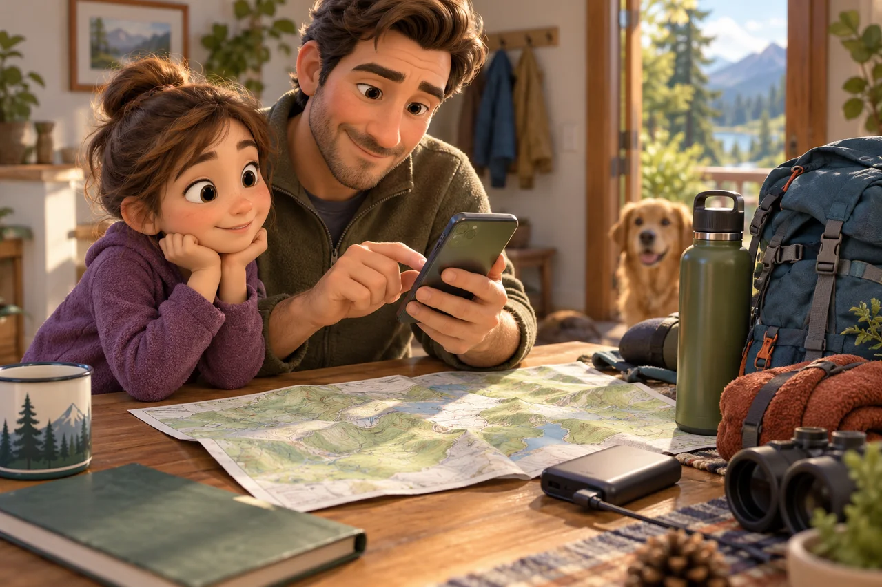 Un parent qui teste une carte téléchargée à côté d'une carte papier et du matériel de randonnée