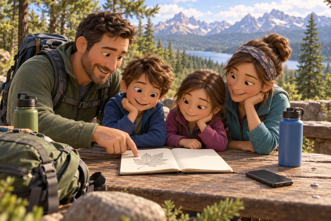 Une famille qui feuillette un carnet nature à une table de pique-nique après une courte balade au parc