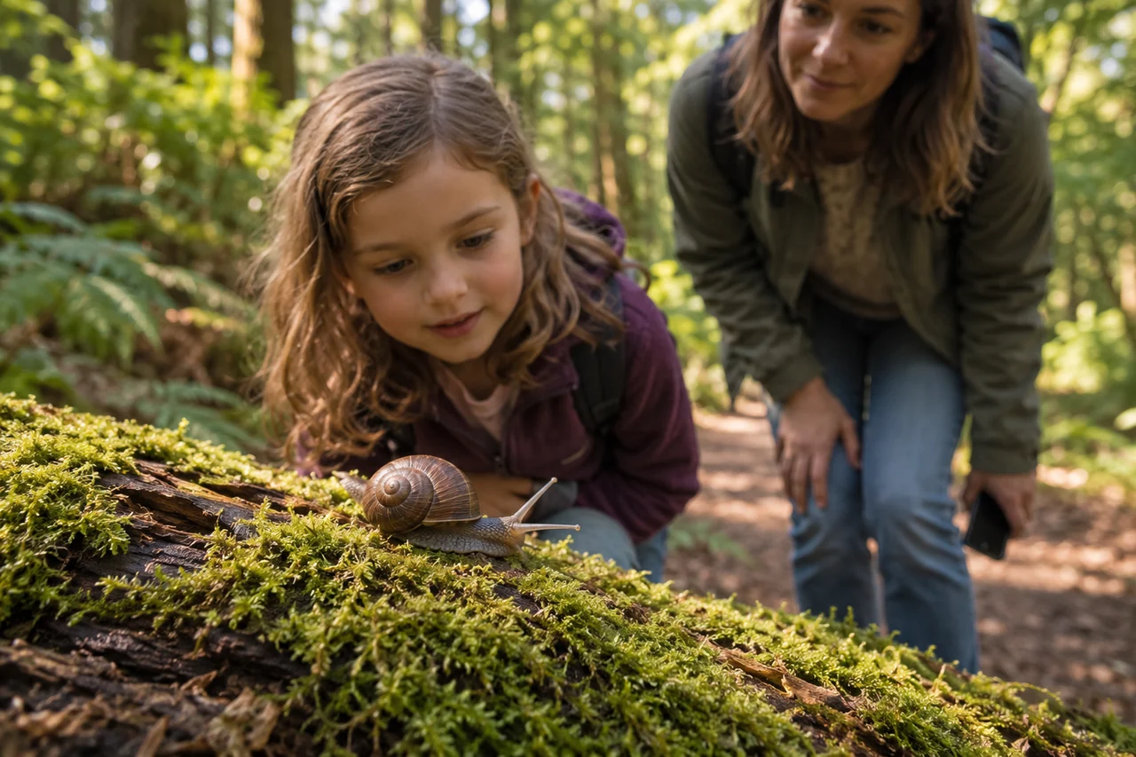 Lumaca su un tronco caduto coperto di muschio, con un bambino curioso e un genitore che osservano da un sentiero nel bosco