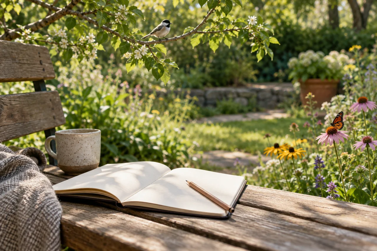 Uma ave, uma flor silvestre e uma borboleta em um jardim ensolarado, com um caderno de campo em um banco ao lado