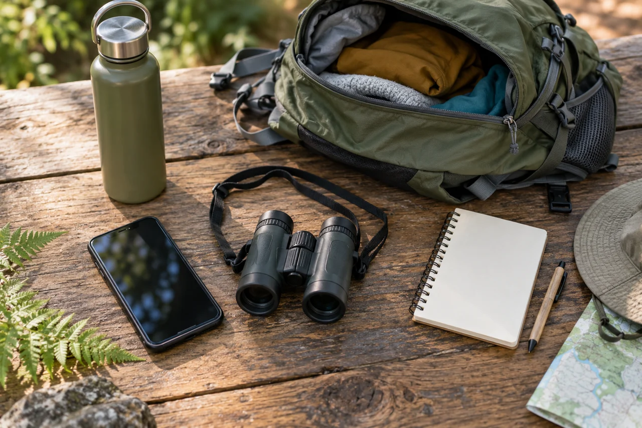 Celular, binóculos, garrafa de água e caderno de campo em branco arrumados ao lado de uma mochila pequena