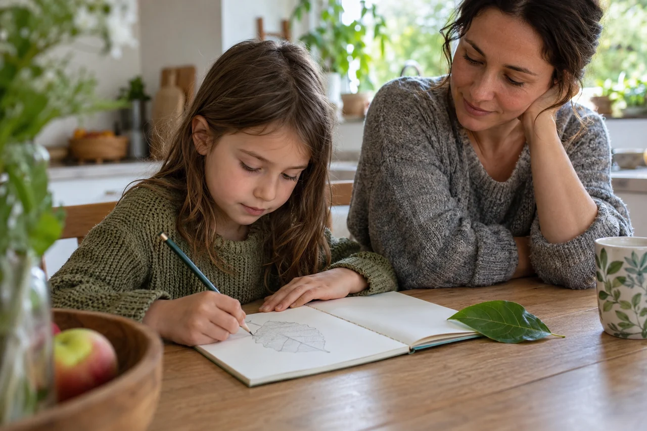 Pai e filho desenhando uma folha em um caderno de natureza em branco na mesa da cozinha