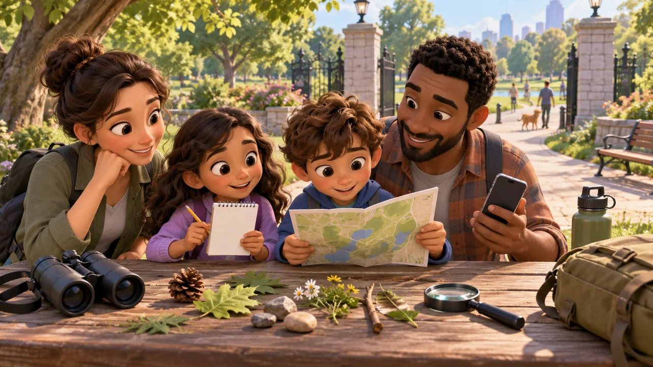Una famiglia che confronta una caccia fotografica, una checklist della natura e una mappa prima di una passeggiata al parco