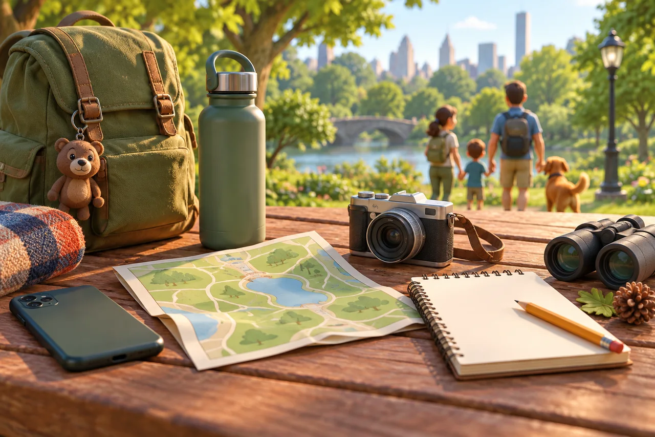 Um kit de passeio no parque com celular, mapa dobrado, lápis e câmera ao lado de uma garrafa de água