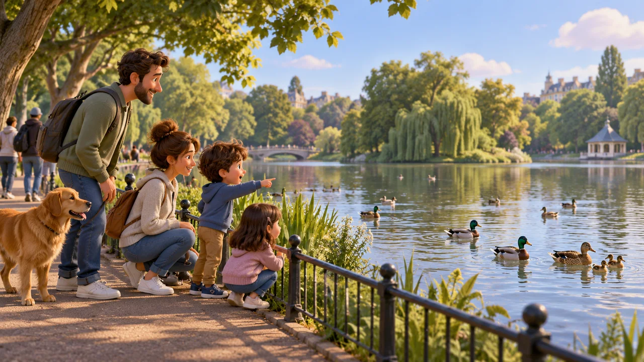 Famílias observando árvores e aves aquáticas de um caminho largo ao lado do lago de um parque urbano
