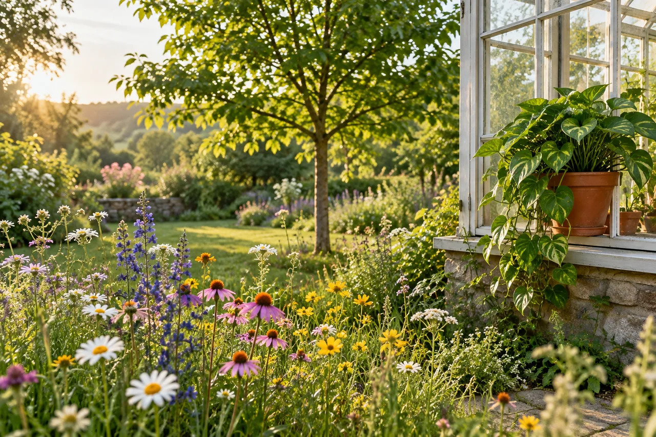 Fiori spontanei, un giovane albero e una pianta da appartamento in vaso in tre ambienti di crescita diversi