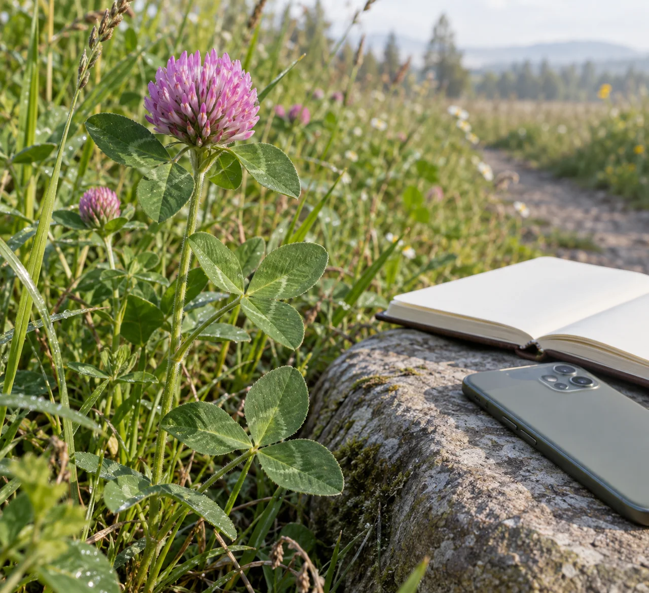 Une plante à fleurs vivante vue de près à côté d'un carnet de terrain et d'un téléphone dont l'écran est tourné de l'autre côté