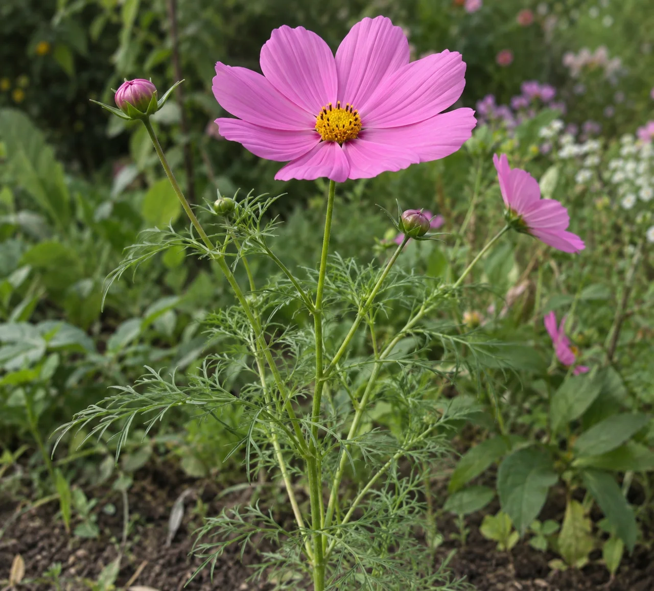 Une plante à fleurs intacte montrant sa fleur, ses feuilles attachées et sa tige ramifiée à la lumière naturelle