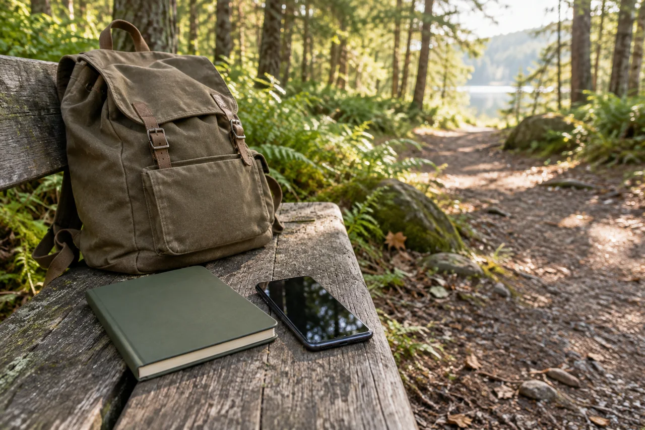 Un carnet de terrain fermé et un téléphone à côté d'un sac à dos sur un banc en forêt