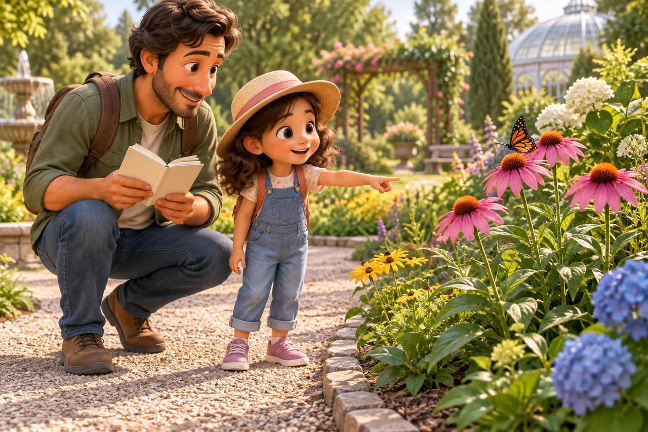 Un parent et un enfant qui observent des fleurs intactes depuis une allée de jardin botanique avec un petit carnet