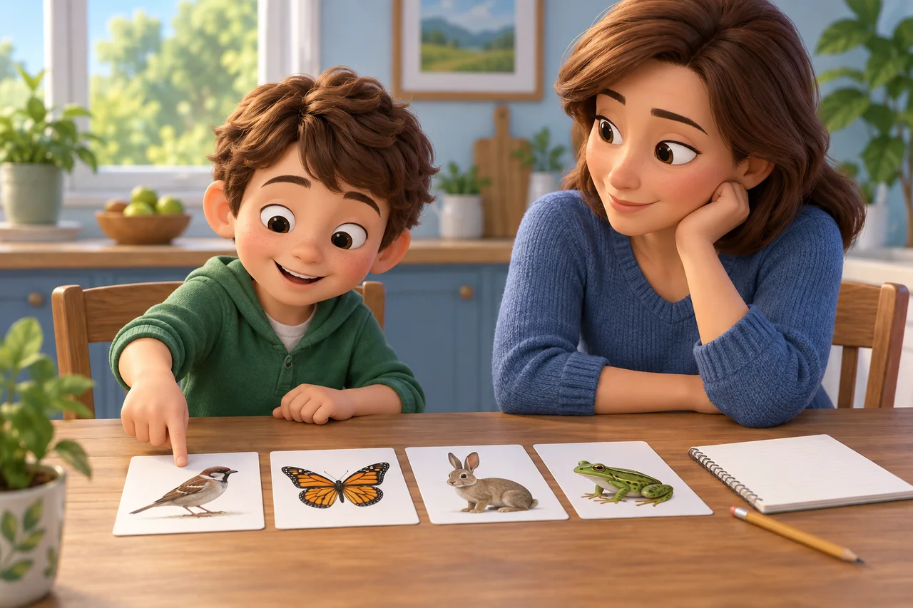 Un genitore e un bambino confrontano carte illustrate di animali a un tavolo.
