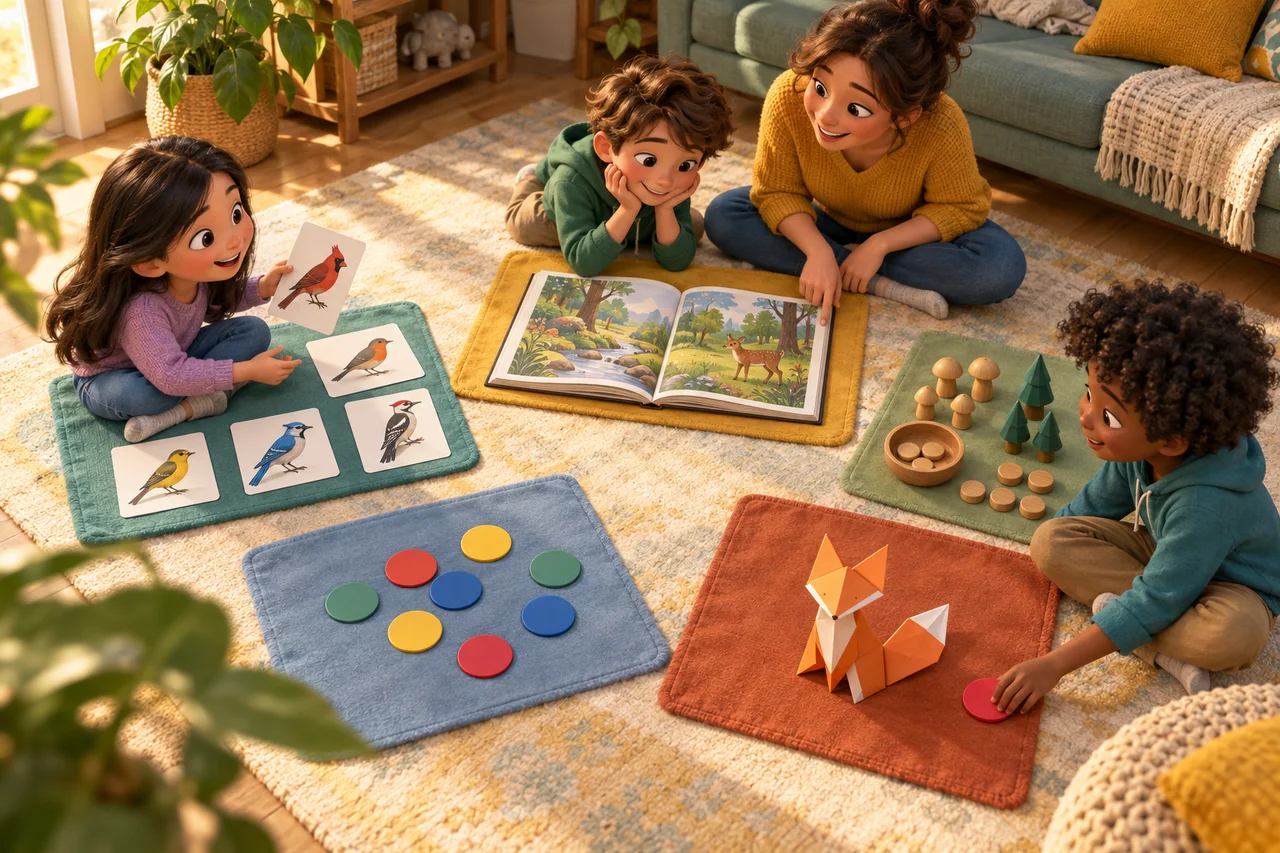 Crianças exploram cinco atividades de aprendizagem com cartas de animais, livros e contadores simples.