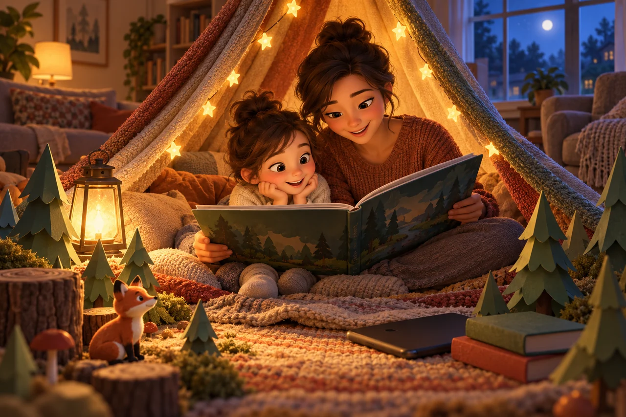 Un bambino e un genitore condividono un libro illustrato sotto una accogliente tenda per la lettura