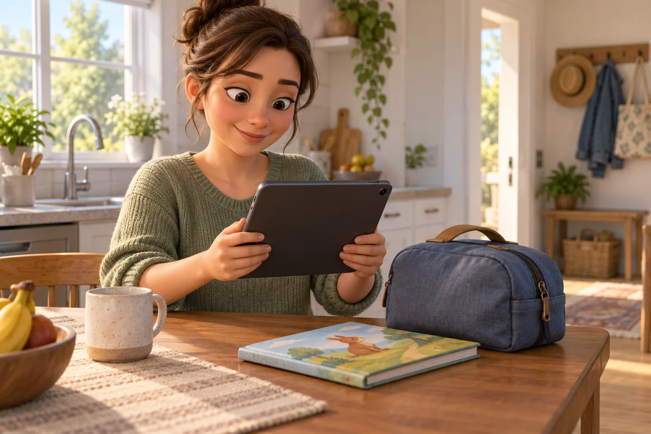 Un adulto prepara un tablet accanto a un libro e a una borsa da viaggio chiusa