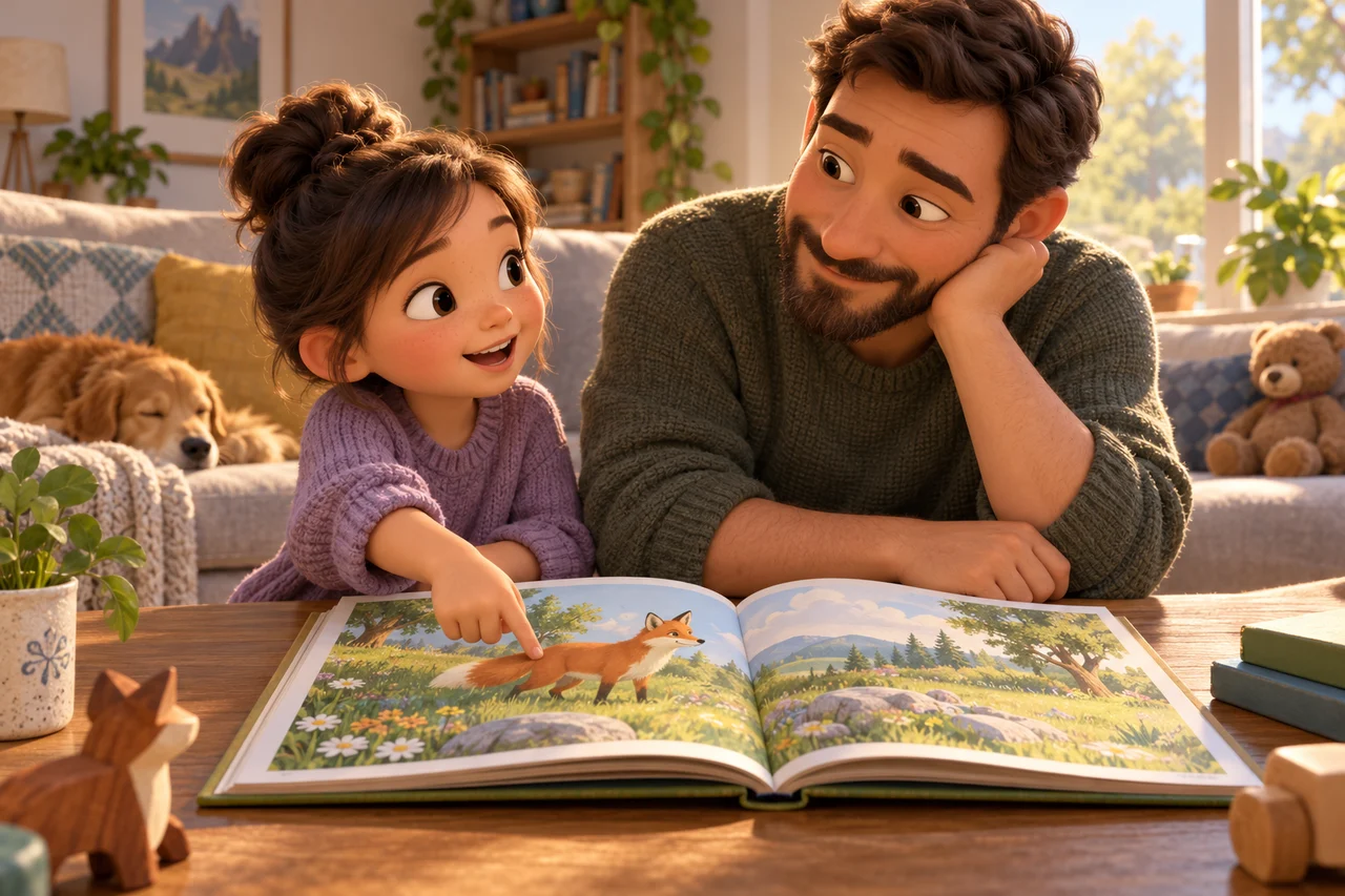 Un genitore ascolta mentre un bambino indica qualcosa in un libro illustrato aperto
