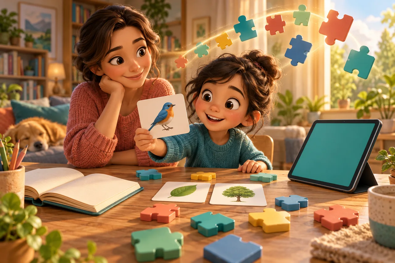 Un bambino e un genitore esplorano un tavolo di apprendimento colorato con carte illustrate, tessere puzzle vuote, un libro e un tablet